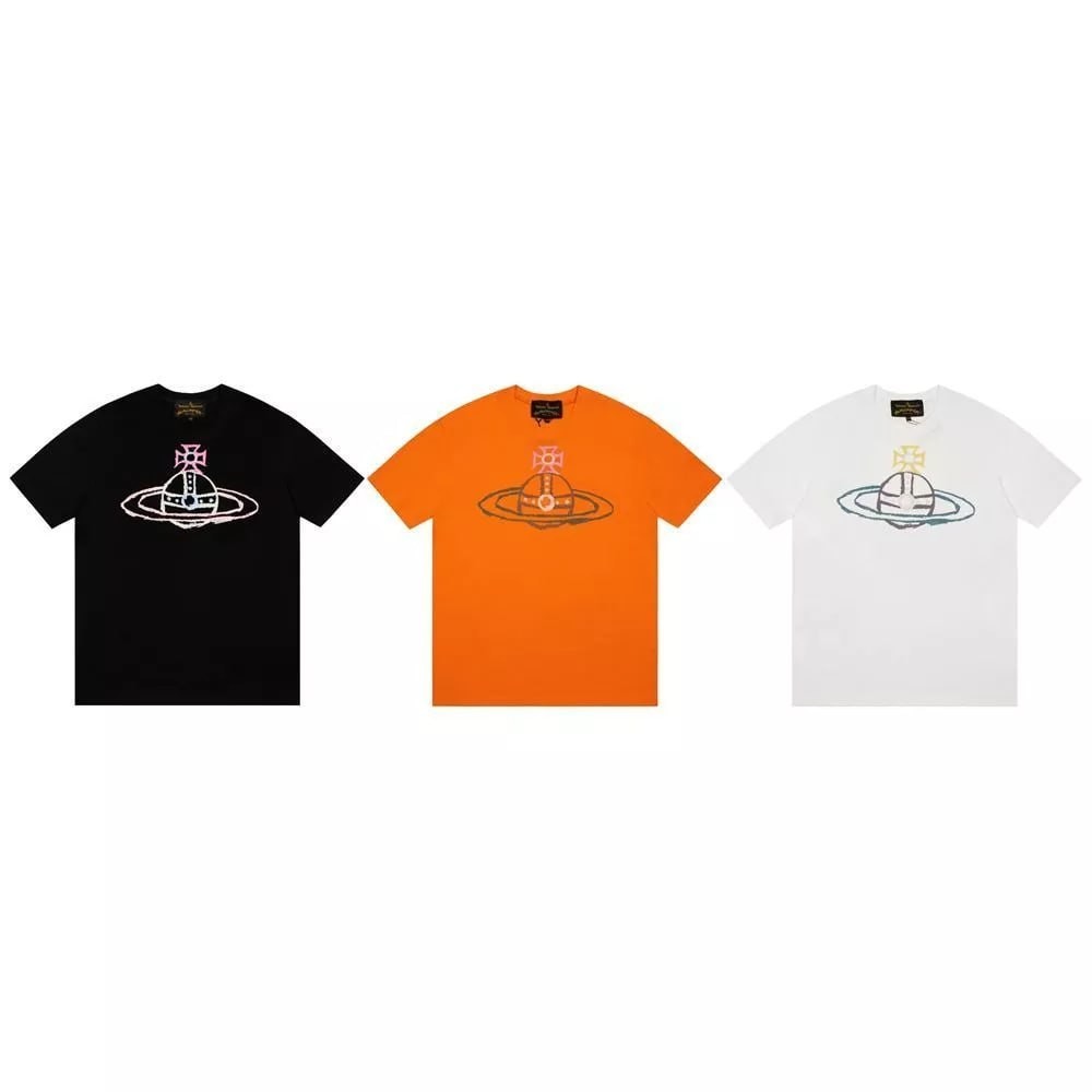 【Vivienne Westwood】 Áo ngắn tay in hình Sao Thổ cổ tròn cotton Áo thun Có 3 màu để chọn Unisex