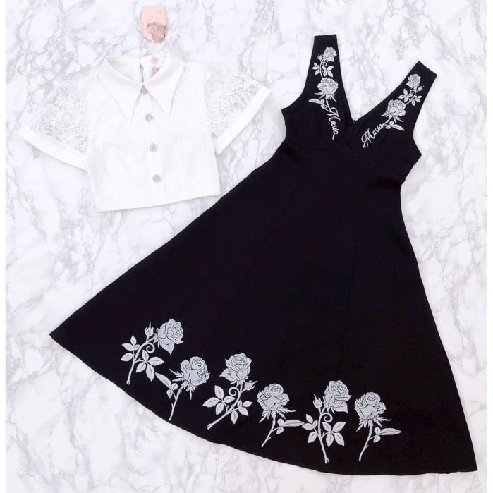 (Có 3XL) Maria Diamond trắng đen Maya Dress Set 2 món Đầm không tay thêu khóa sau + Áo voan hoa nhí khóa sau Có lớp lót toàn bộ